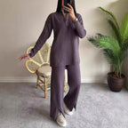 Vêtements d'automne pour femmes Couleur unie Fermeture éclair Tricot Col roulé Côtelé Tenue d'intérieur Ensemble deux pièces