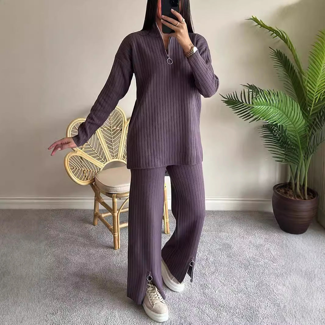 Vêtements d'automne pour femmes Couleur unie Fermeture éclair Tricot Col roulé Côtelé Tenue d'intérieur Ensemble deux pièces