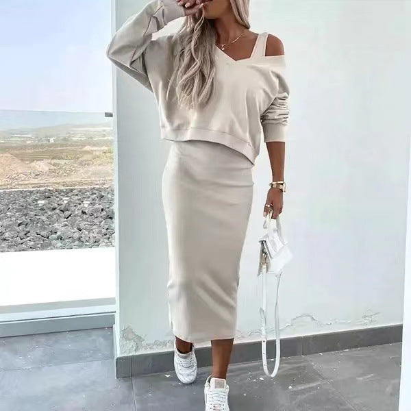 Ensemble deux pièces pour femme, costume décontracté, sweat-shirt à manches longues et col en V, et robe sans manches