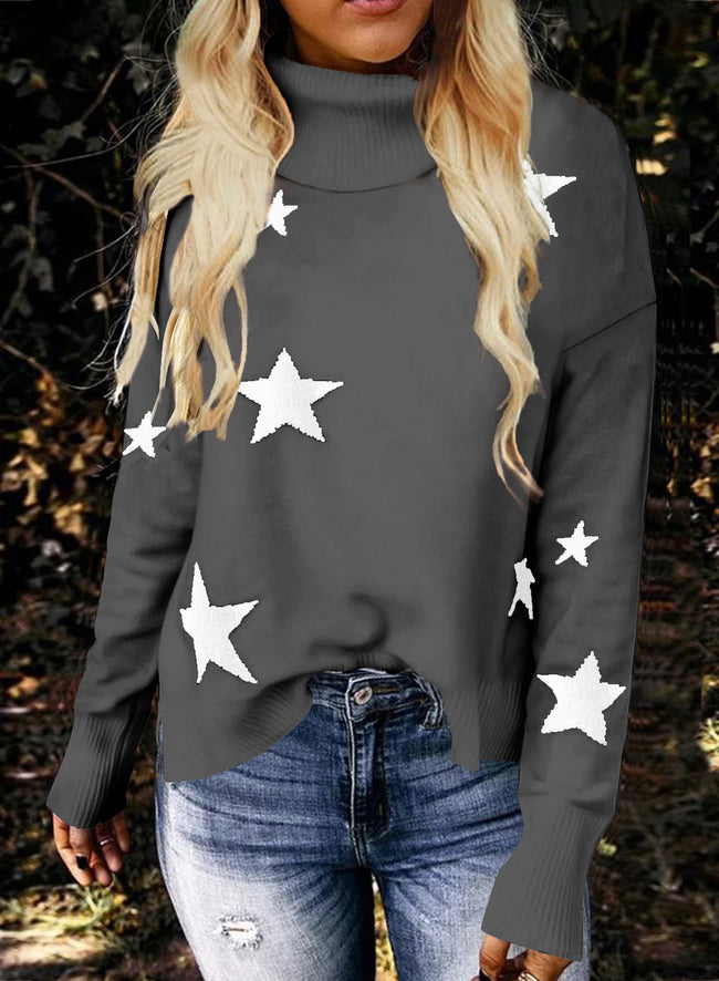 Pull tricoté pour femme, motif XINGX, col roulé, manches longues Main Image