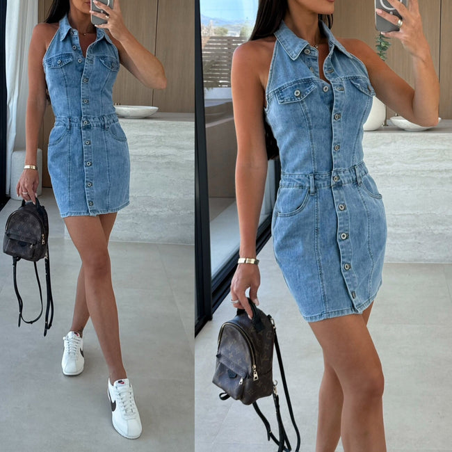 Single-breasted Lapel Sleeveless Waist Denim Dress Hover Image