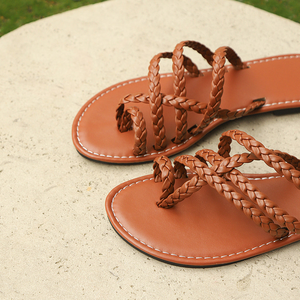 Sandales d'été tissées à clip, style INS, tongs de plage plates, chaussures romaines d'extérieur pour femmes