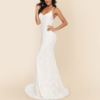 Robe de mariée longue sexy avec col en V et bretelles