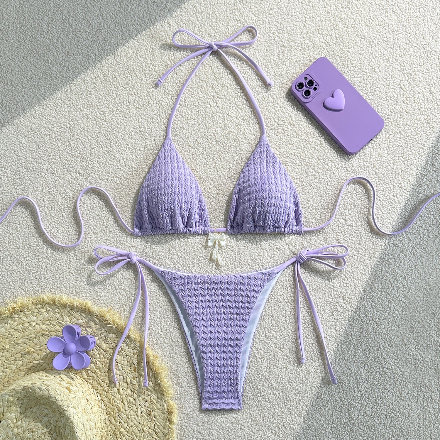 Maillot de bain bikini féminin dos nu à fines bretelles de couleur unie
