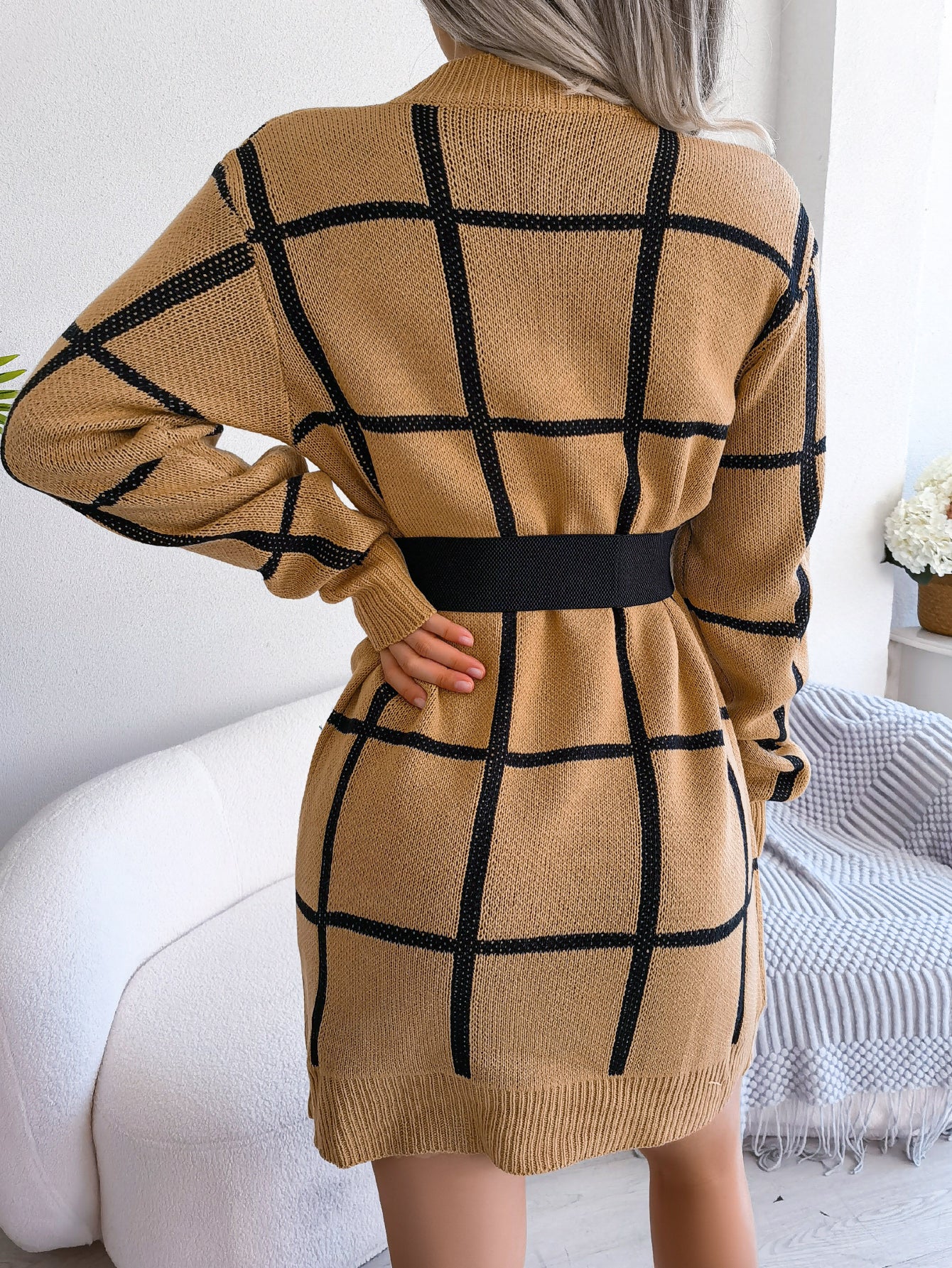 Robe pull décontractée à manches longues à carreaux color block