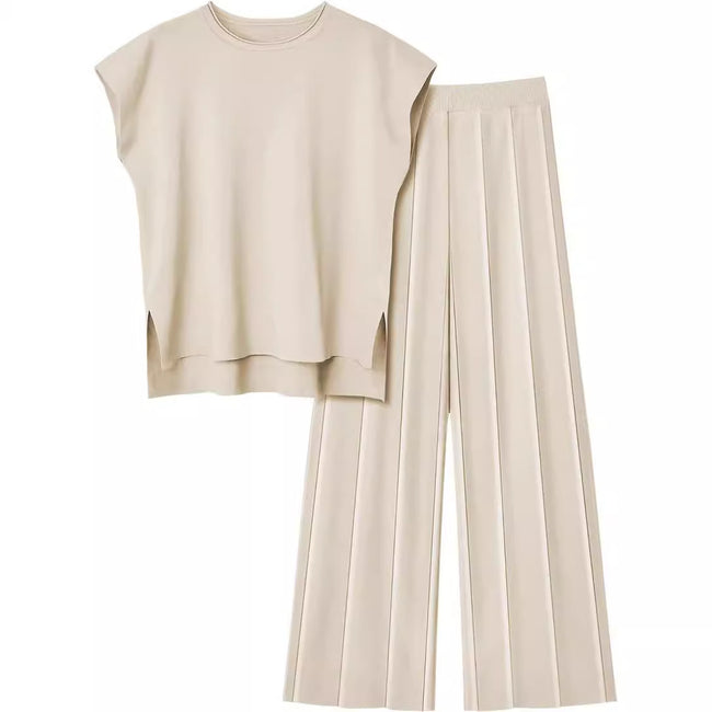 Ensemble deux pièces décontracté tricoté pour femme : débardeur sans manches et pantalon large Main Image