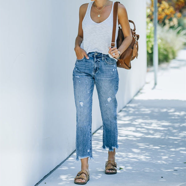 Jeans droits décontractés neufs pièces bleu clair pour femmes, style européen et américain