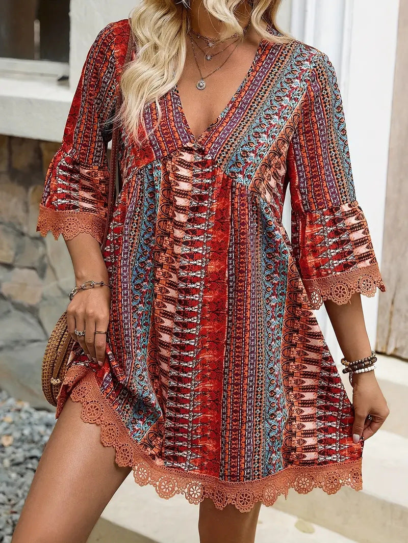 Robe bohème imprimée col en V, style décontracté pour femme
