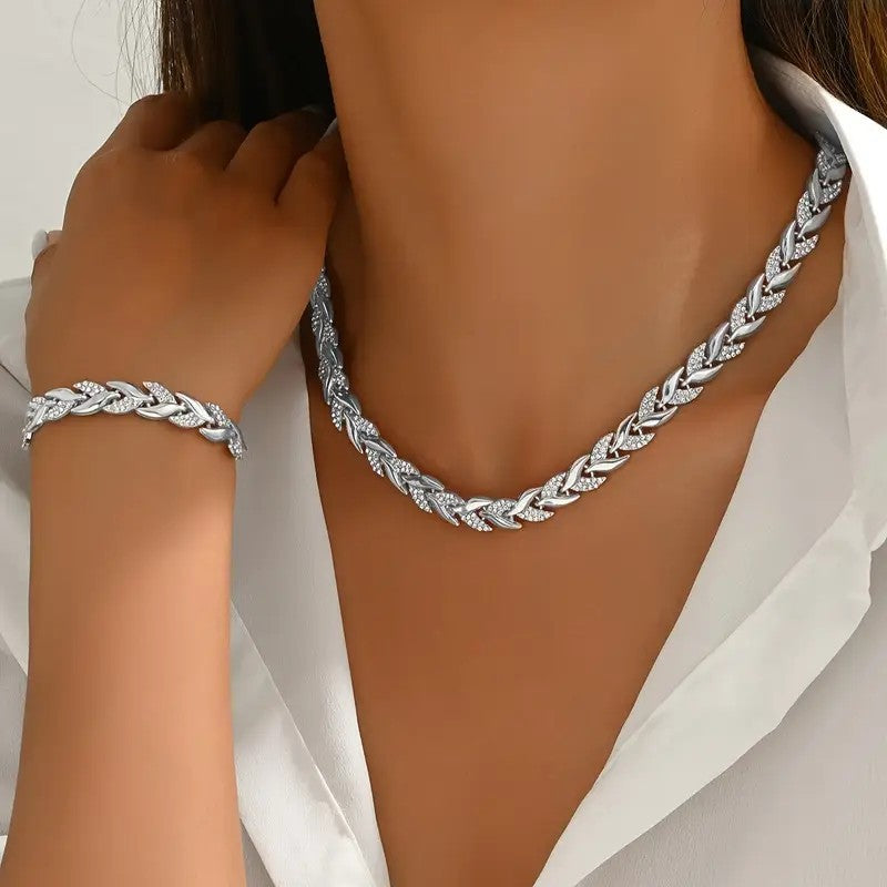 Parure Collier et Bracelet Femme avec Feuilles en Verre et Strass Élégants, Bijoux de Luxe à la Mode