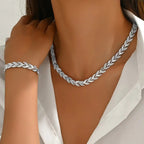 Parure Collier et Bracelet Femme avec Feuilles en Verre et Strass Élégants, Bijoux de Luxe à la Mode