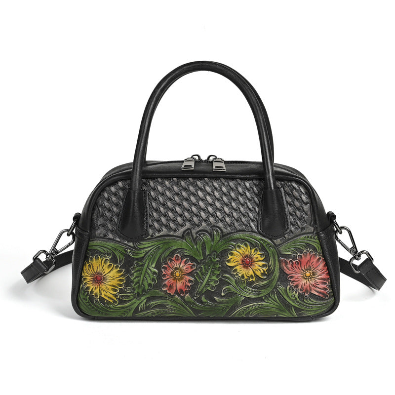 Sac à bandoulière en cuir pleine fleur, style ethnique rétro, pour femmes