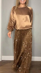 Round Neck Satin Top Sequin Dress Suit Two-piece Set
