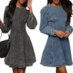 Robe longue en jean à manches longues pour femmes, coupe cintrée, patchwork élégant
