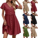 Robe de plage en coton et lin avec poches, manches papillon et boutonnage