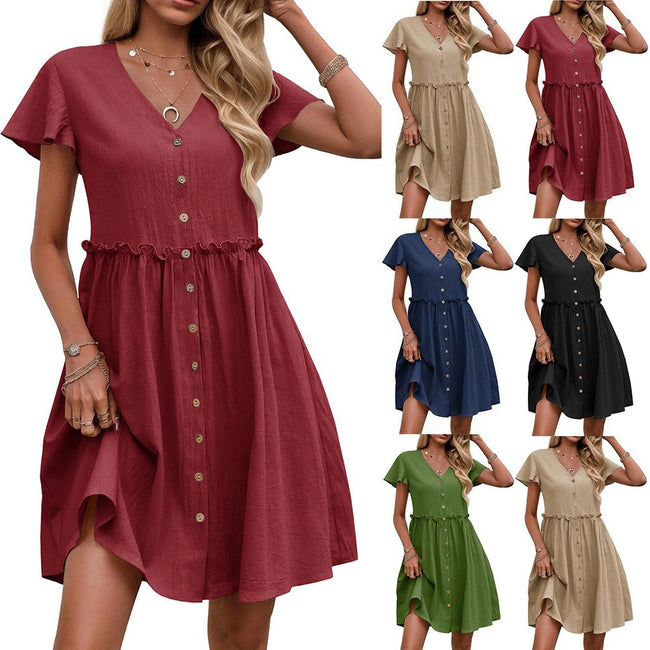 Robe de plage en coton et lin avec poches, manches papillon et boutonnage Main Image