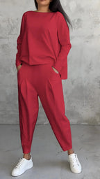 Ensemble tailleur irrégulier femme - Haut à manches longues et col rond et pantalon sarouel ample avec poches - Vêtements pour femmes style Ins