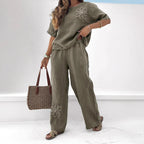 Ensemble 2 pièces femme Grande taille Brodé Survêtement de loisirs Taille haute Pantalon ample