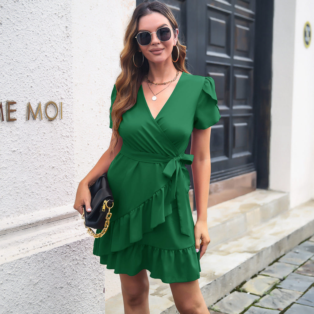 Robe femme à col V, manches pétales et jupe volantée