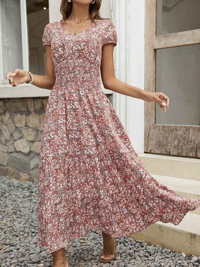 Robe Fleurie Col V Évasée Femme - Polyester Doux et Respirant, Lavable en Machine, Facile d'Entretien, Parfaite pour le Printemps, l'Été et l'Automne, les Tenues Quotidiennes et les Activités de Plein Air Hover Image