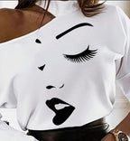 T-shirt blanc à manches longues pour femmes avec motif de dessins animés et épaules dénudées, hauts graphiques pour femmes pour tenue de printemps