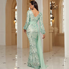 Robe de soirée longue à sequins, manches longues, col en V, avec ruban