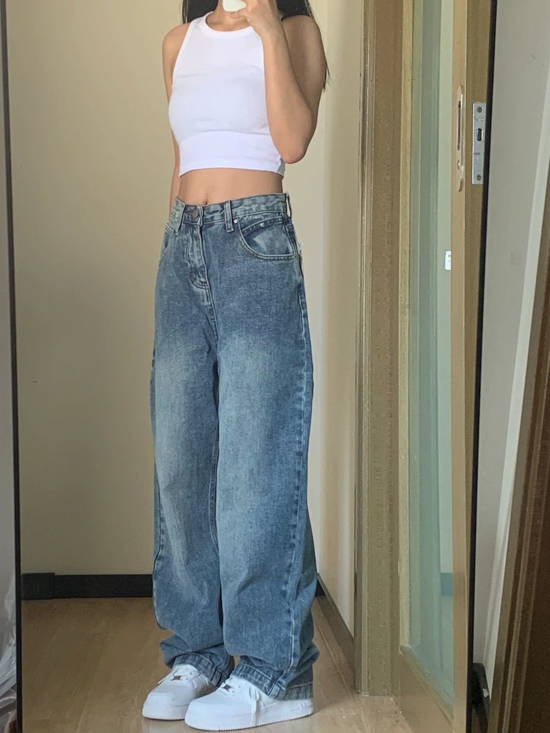 Jeans large à taille haute grande taille pour femme