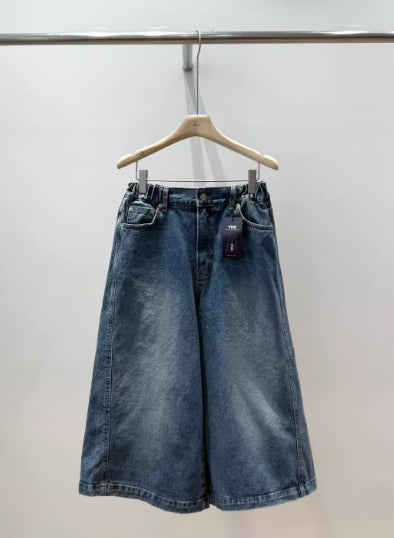 Elastic-waist Distressed Wide-leg Capri Jeans For Women