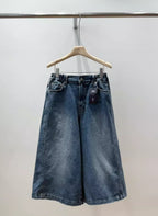 Elastic-waist Distressed Wide-leg Capri Jeans For Women