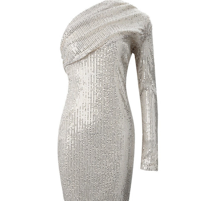Robe de soirée à sequins asymétrique argentée Main Image