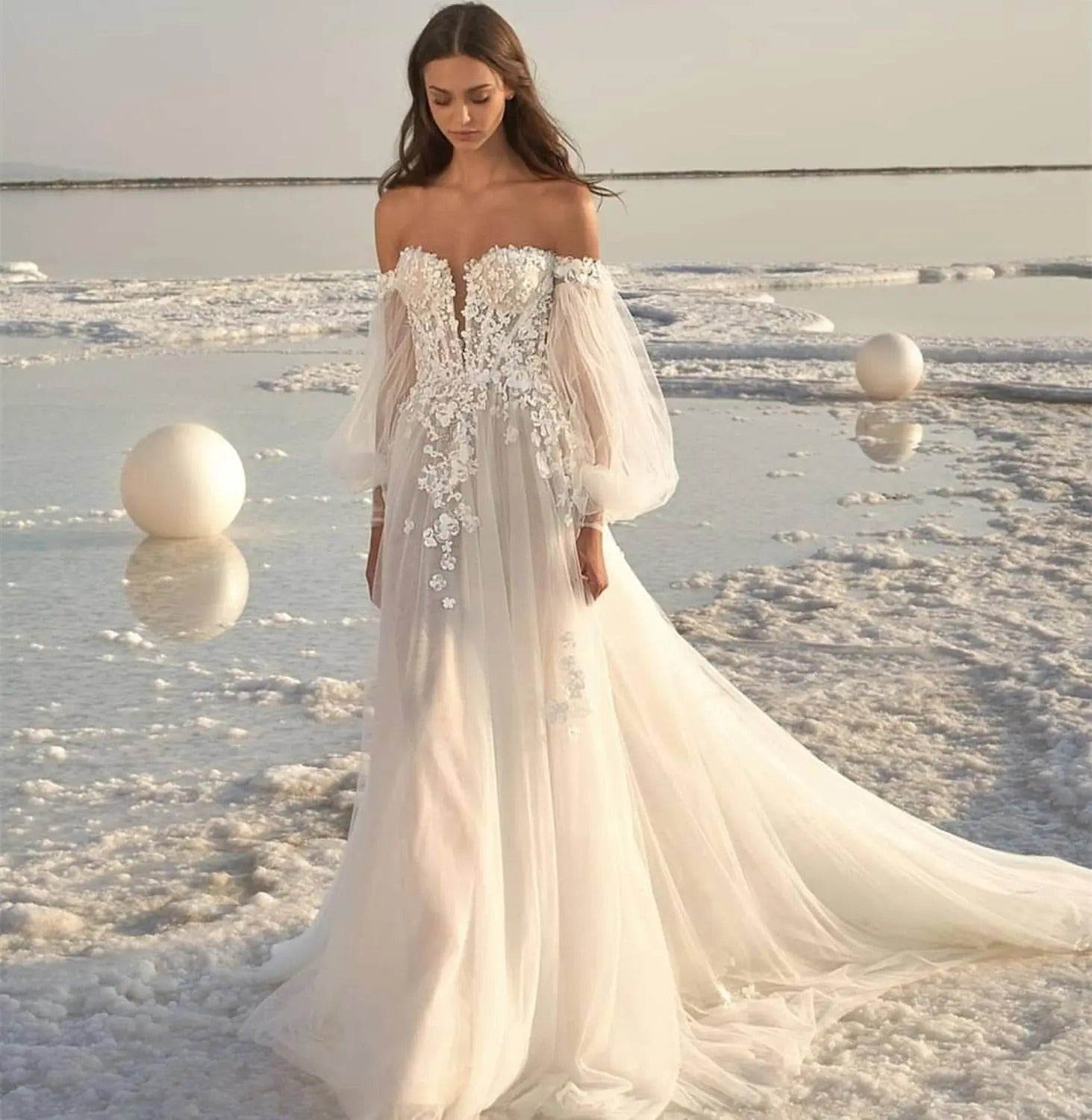 Robe de mariée de plage à manches bouffantes pour femme