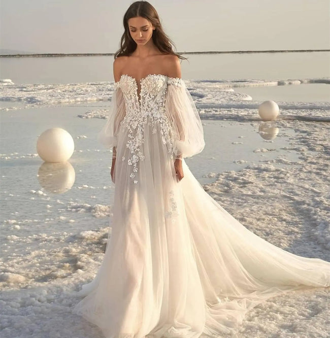Robe de mariée de plage à manches bouffantes pour femme Main Image