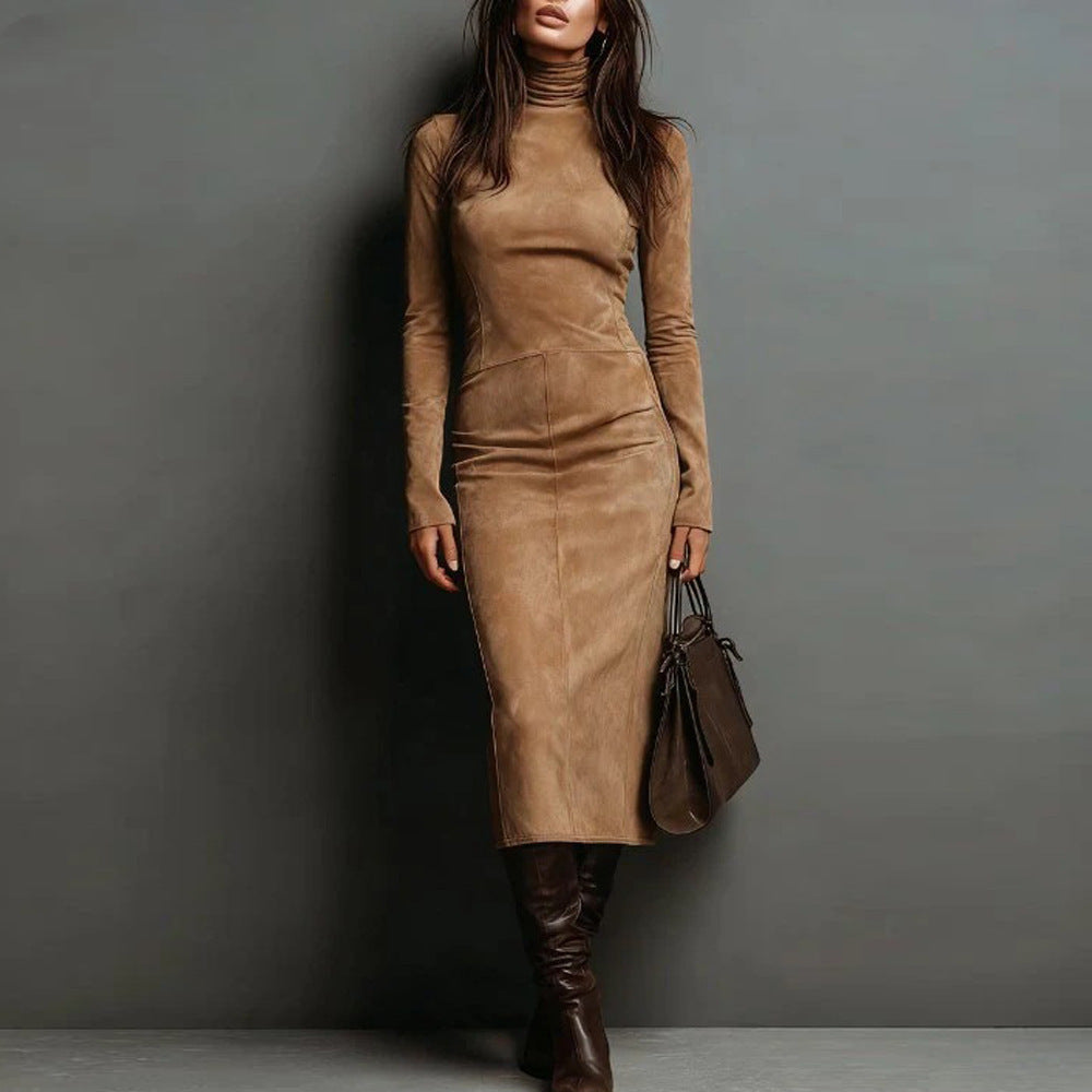 Robe longue à col roulé et manches longues, moulante, sexy, pour femme