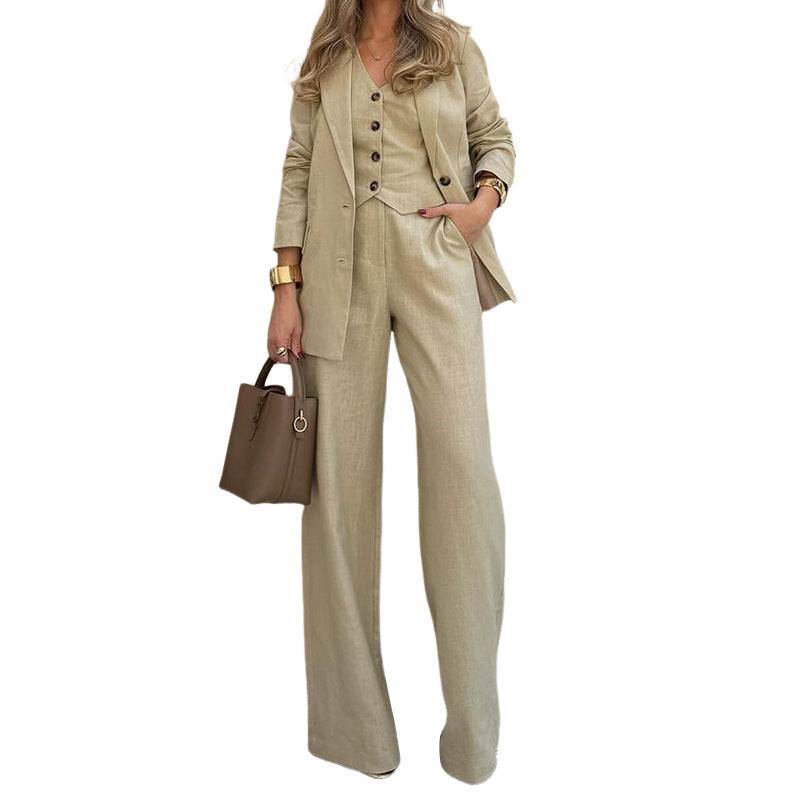Ensemble de Costume Trois Pièces Chic et Tendance : Blazer, Gilet et Pantalon Large Unicolores