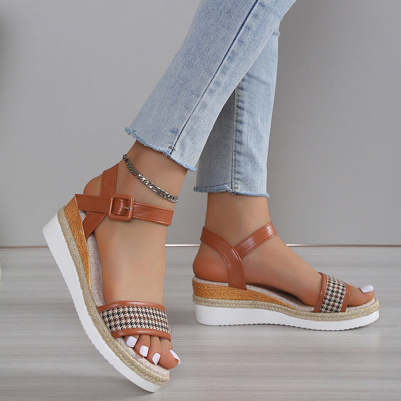 Sandales à imprimé pied-de-poule pour femme, chaussures habillées d'été à boucle
