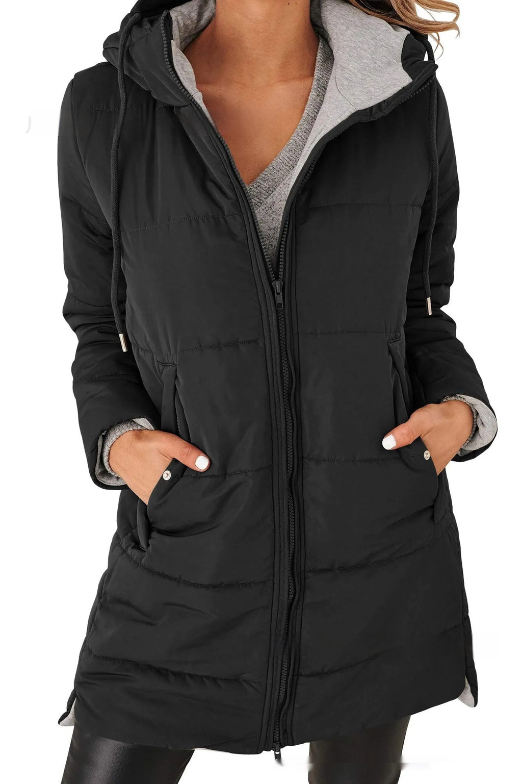 Manteau Long en Coton Uni avec Capuche et Poches pour Femme