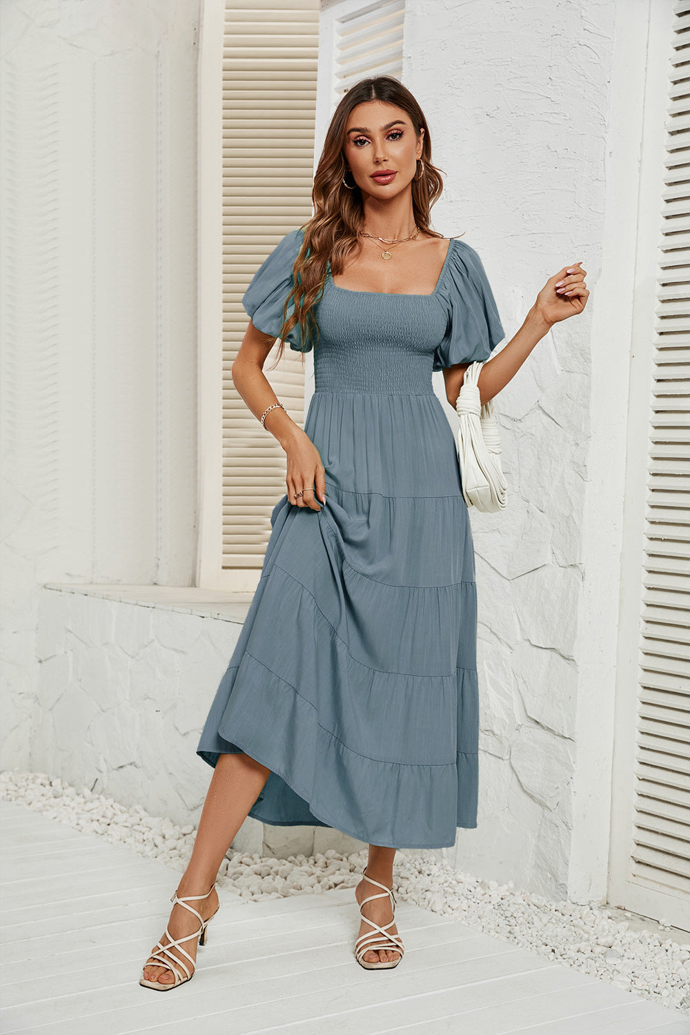 Robe d'été à col carré et dos nu, manches bouffantes, pour femmes