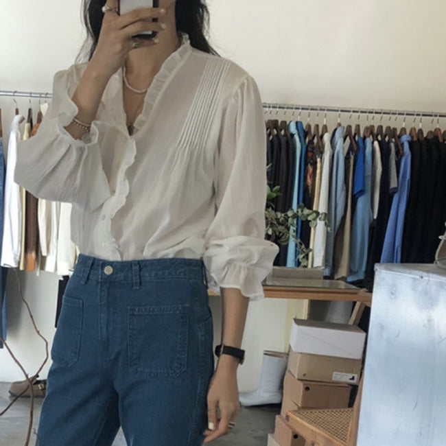 Chemise à manches longues en dentelle style rétro et élégant à la française pour femme Main Image