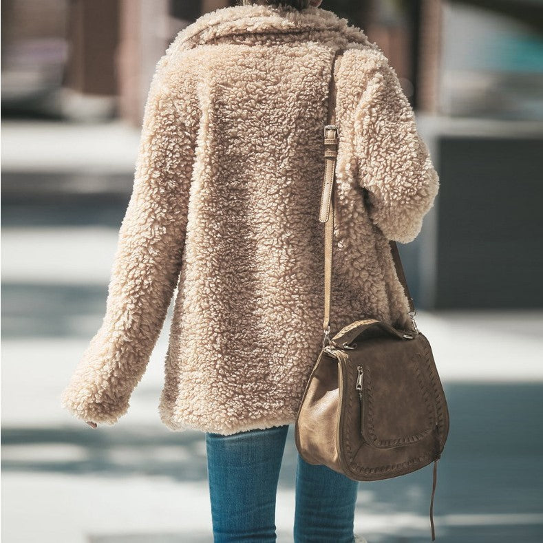 Manteau Femme Hiver à Revers Manches Longues en Fausse Fourrure Moelleuse