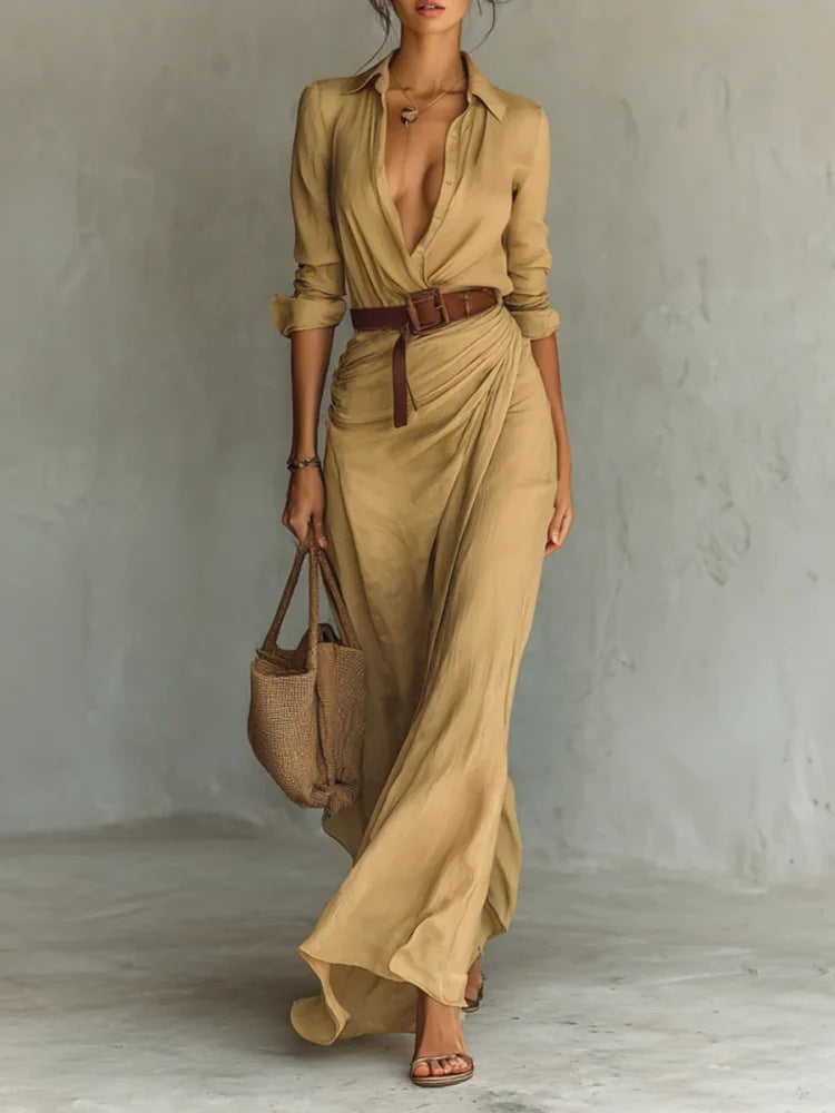 Robe longue irrégulière avec ceinture, chemise habillée à revers boutonnés, manches longues, mode et élégance, tenue décontractée pour le bureau ou les trajets quotidiens pour femmes