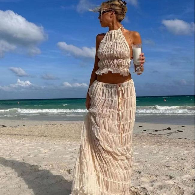 Robe plissée dos nu à lacets et gilet en dentelle Hover Image