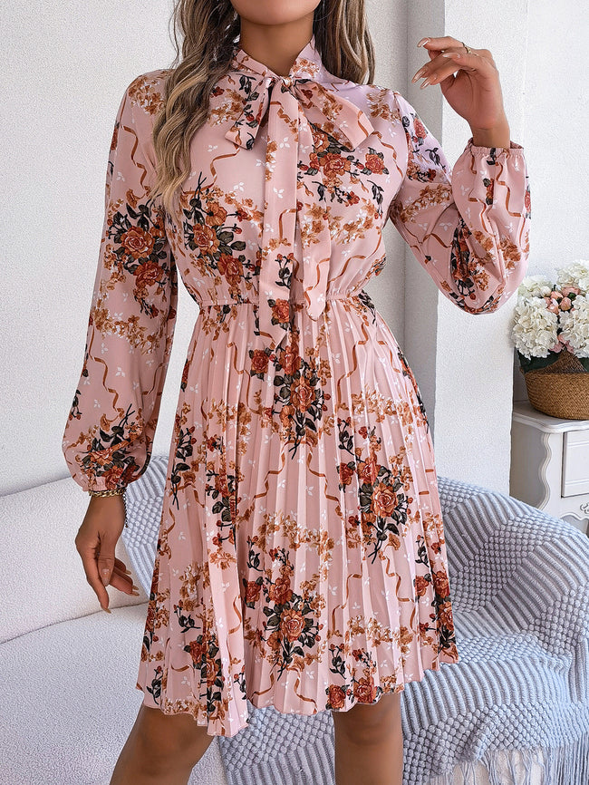 Robe longue plissée élégante à manches longues et taille nouée à imprimé floral pour femme Hover Image