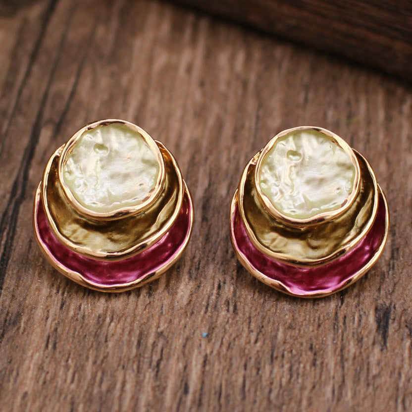 Boucles d'oreilles rondes peintes tricolores à la mode, élégantes et polyvalentes, boucles d'oreilles géométriques pour femmes