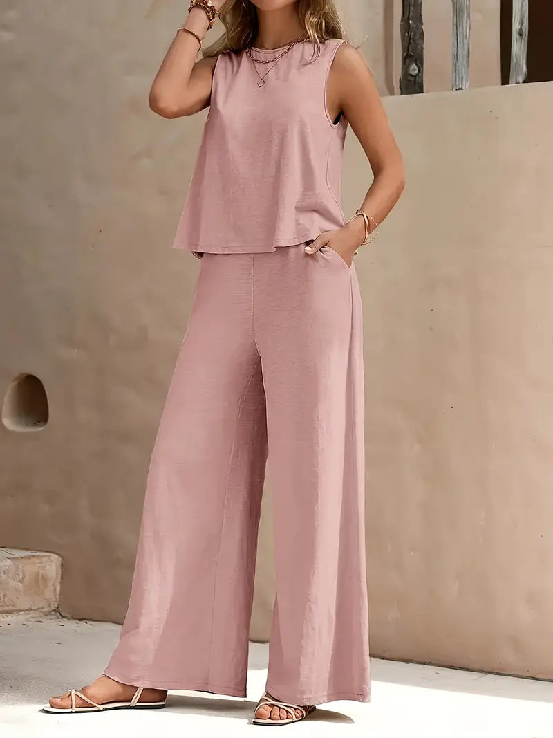 Ensemble pantalon uni décontracté et ample pour femmes, costume deux pièces élégant pour le printemps et l'été, ensemble pantalon complet, tenue féminine