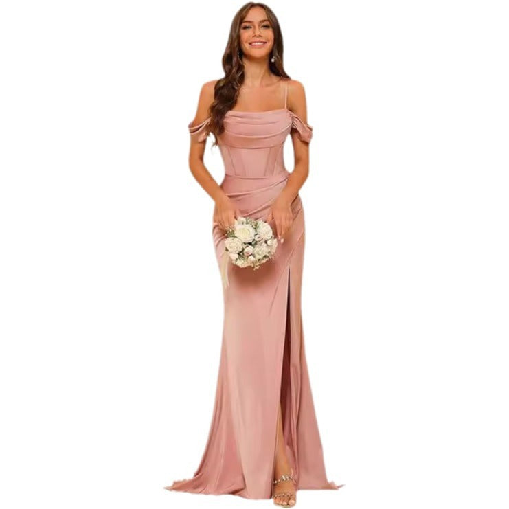 Robe de bal corset en satin épaules dénudées pour demoiselle d'honneur