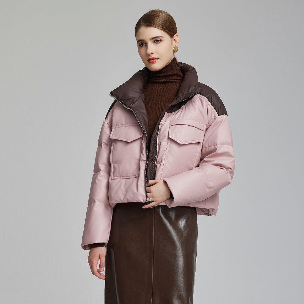 Manteau court ample en cuir rembourré de coton pour femme