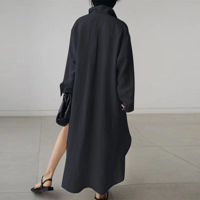 Robe chemise fendue pour femme, couleur unie, cardigan à manches longues, robe longue irrégulière Main Image