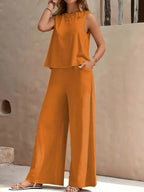 Ensemble pantalon uni décontracté et ample pour femmes, costume deux pièces élégant pour le printemps et l'été, ensemble pantalon complet, tenue féminine