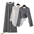 Ensemble trois pièces pull tricoté, chemise et pantalon large pour femme, collection automne-hiver