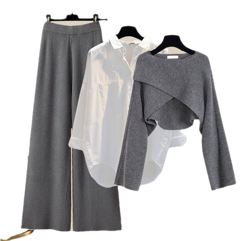 Ensemble trois pièces pull tricoté, chemise et pantalon large pour femme, collection automne-hiver
