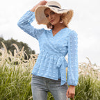 Chemisier femme à manches longues et col en V en dentelle jacquard